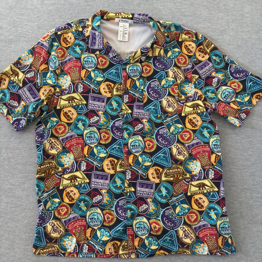 Disney Parks Men Large Attraction Patch All Over Print Button Down Shirt - Picture 2 of 7